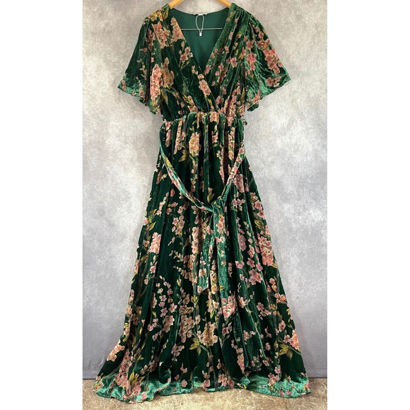 Baltic Born Dresses & Skirts - Baltic Born Maxi Dress Womens Large Green Velvet Floral Burnout Wrap Gown NWOT